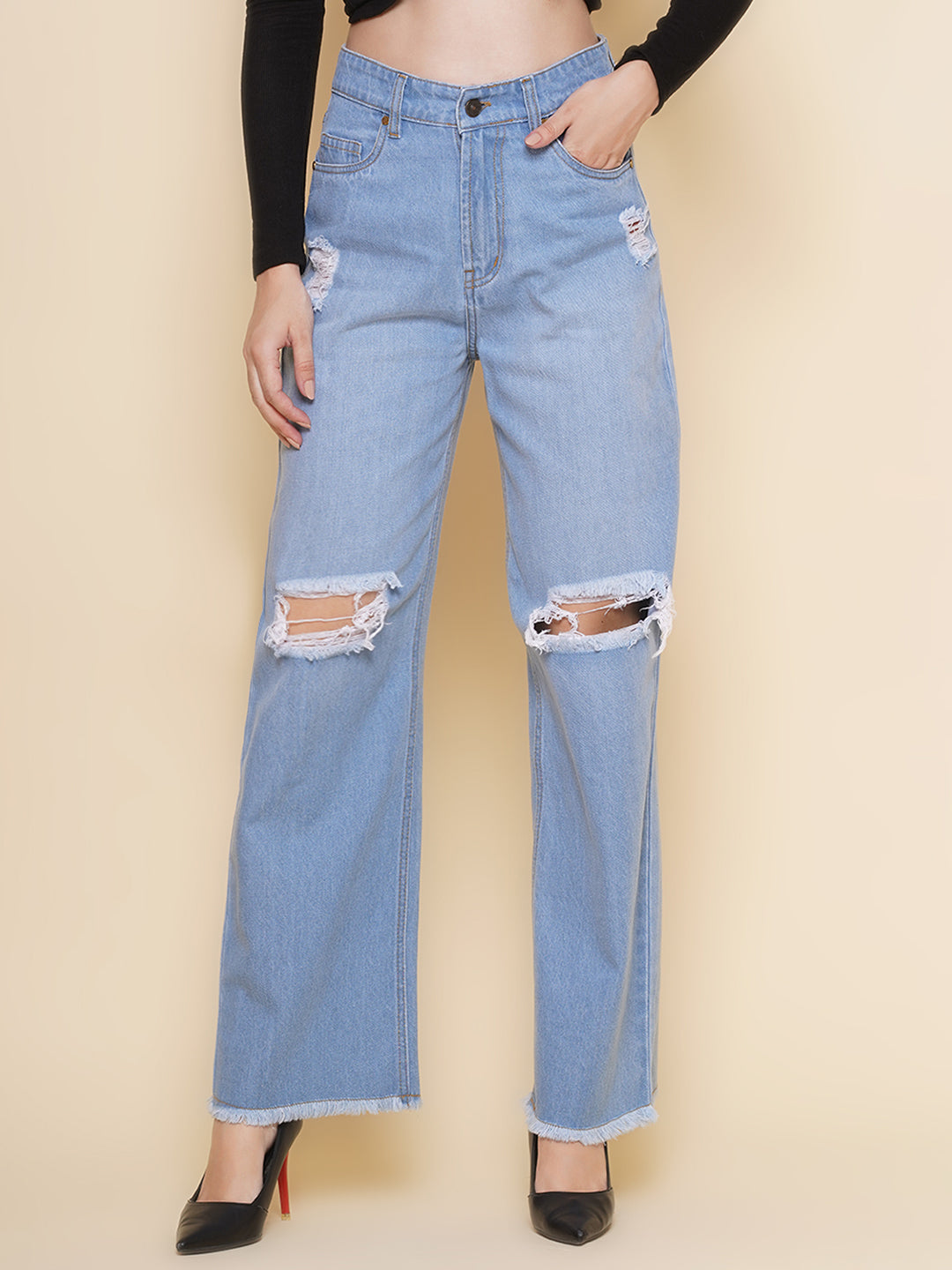 Women Wide Leg Torn Jeans In Light Blue