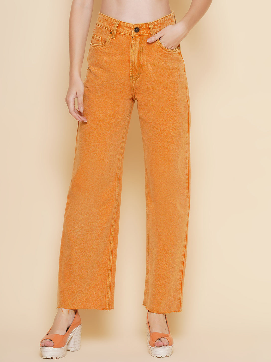 Women Regular High Rise Orange Jeans