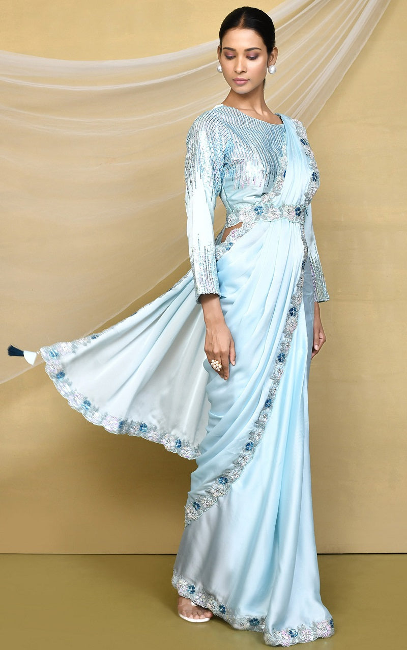 Light Blue Crepe Silk Satin Embroidered Designer Saree