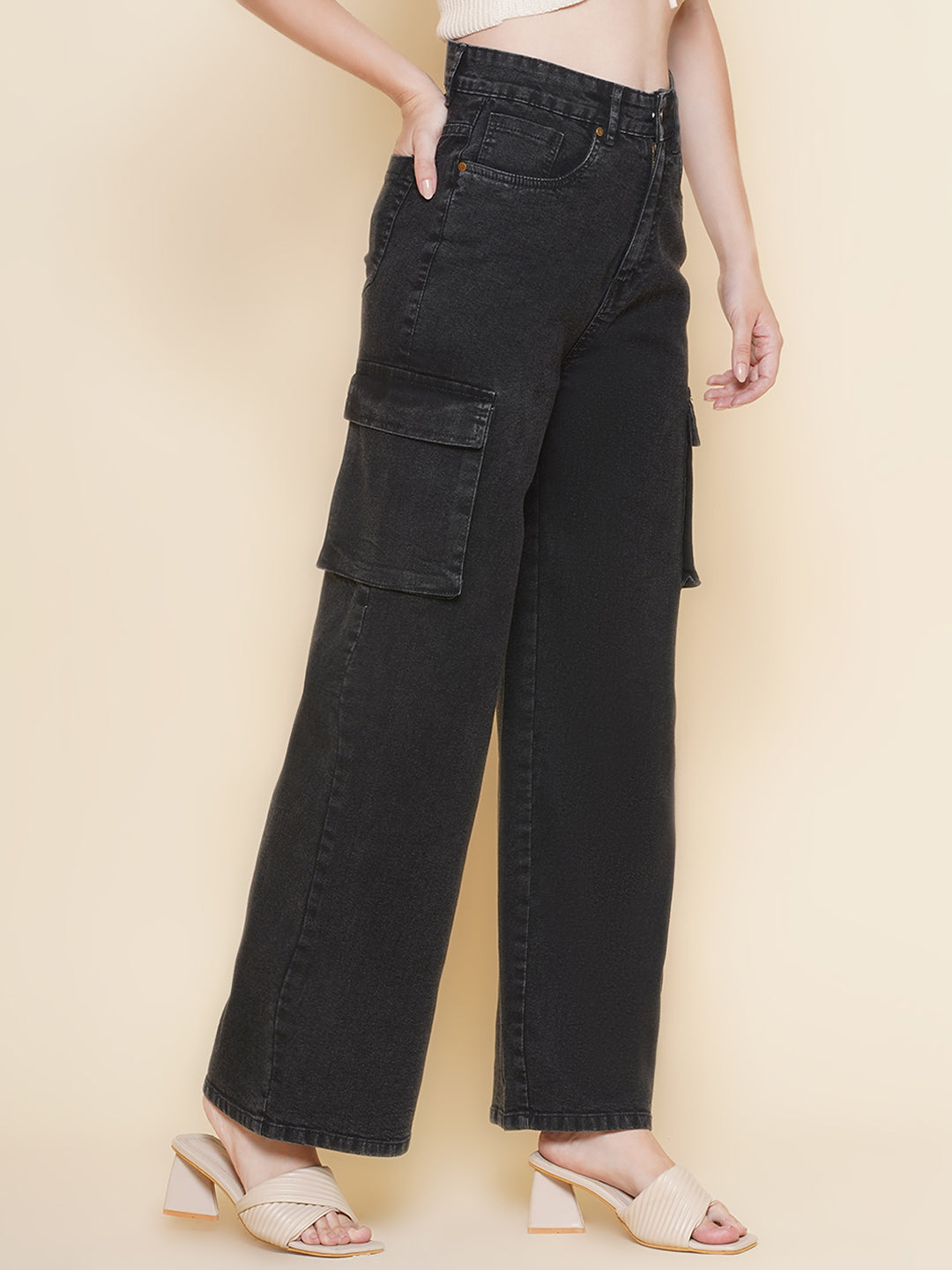 Women Cargo Wide Leg Jeans in Charcoal Grey