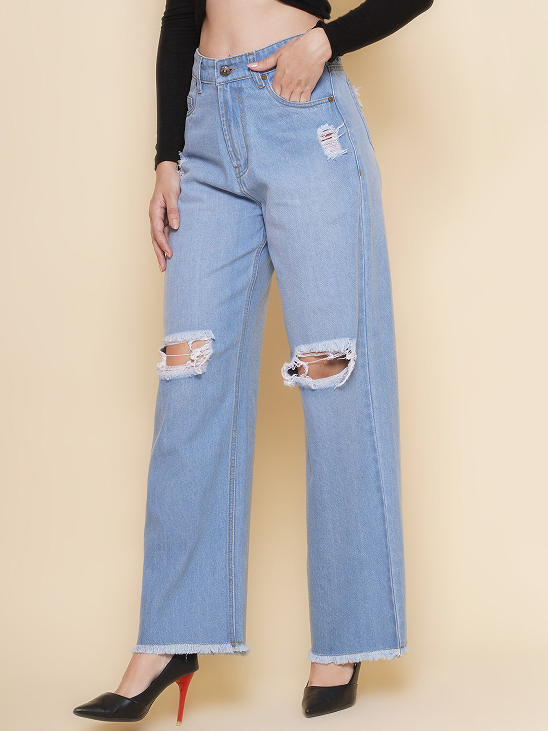 Women Wide Leg Torn Jeans In Light Blue