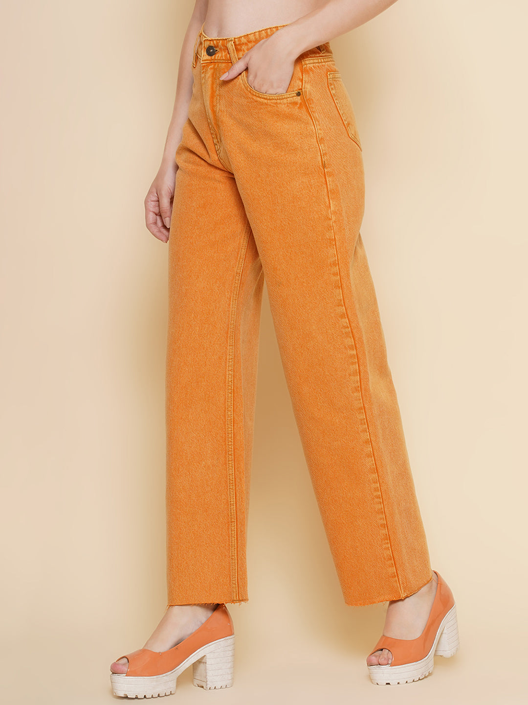 Women Regular High Rise Orange Jeans