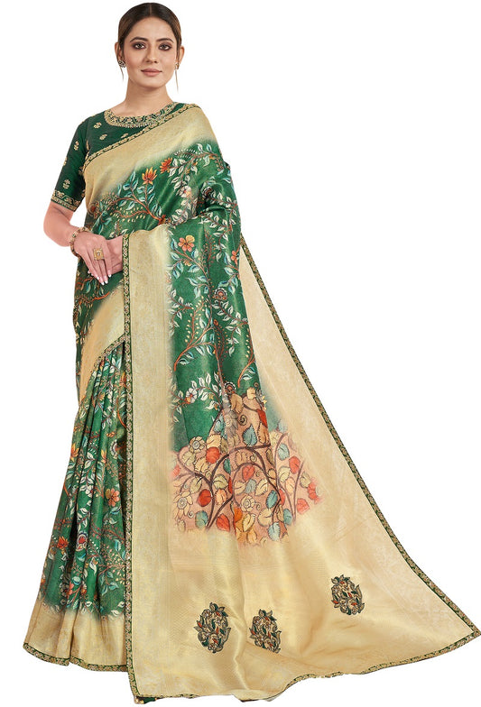 Green Tissue Printed With Embroidered Pallu Saree