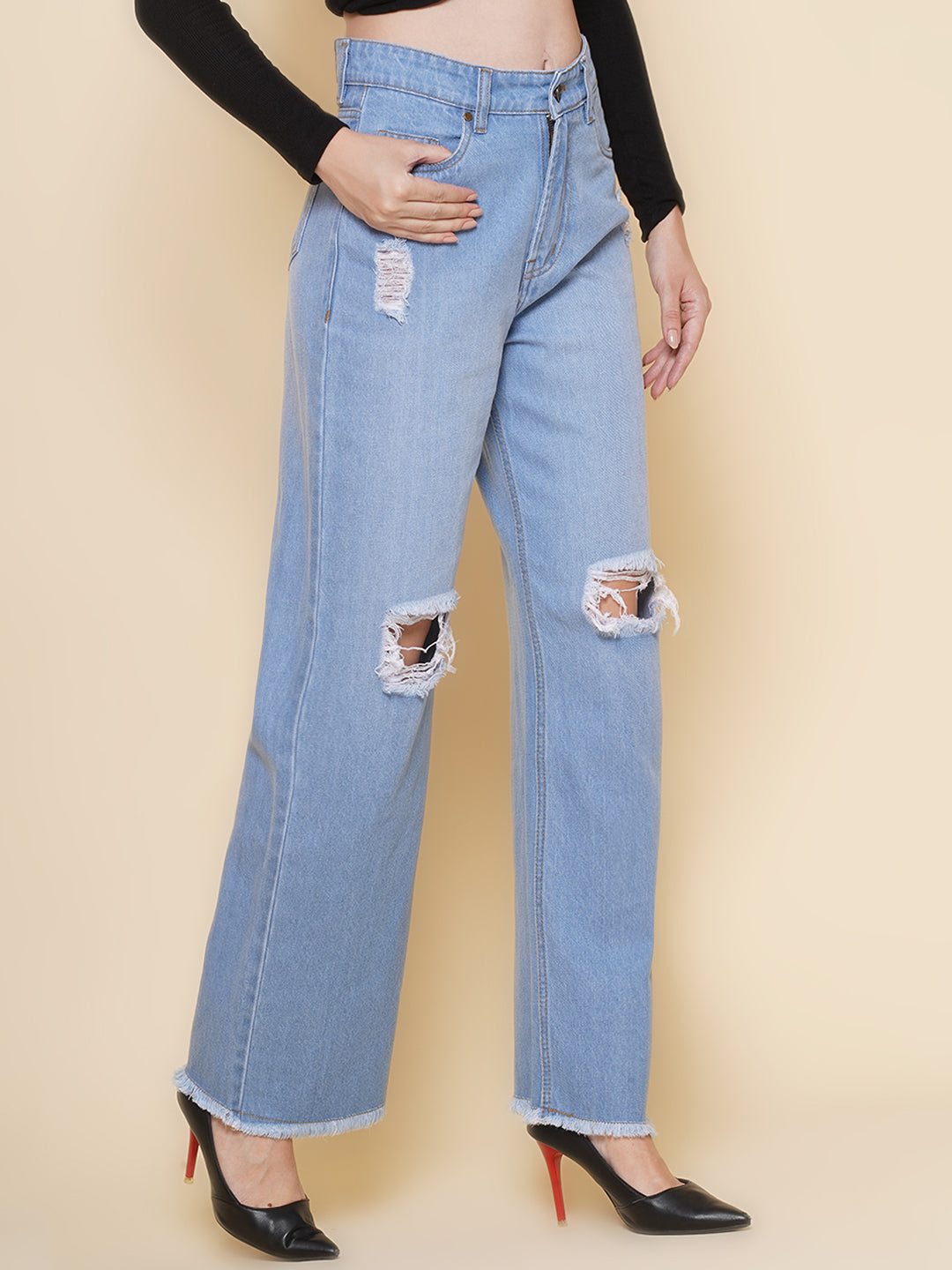 Women Wide Leg Torn Jeans In Light Blue