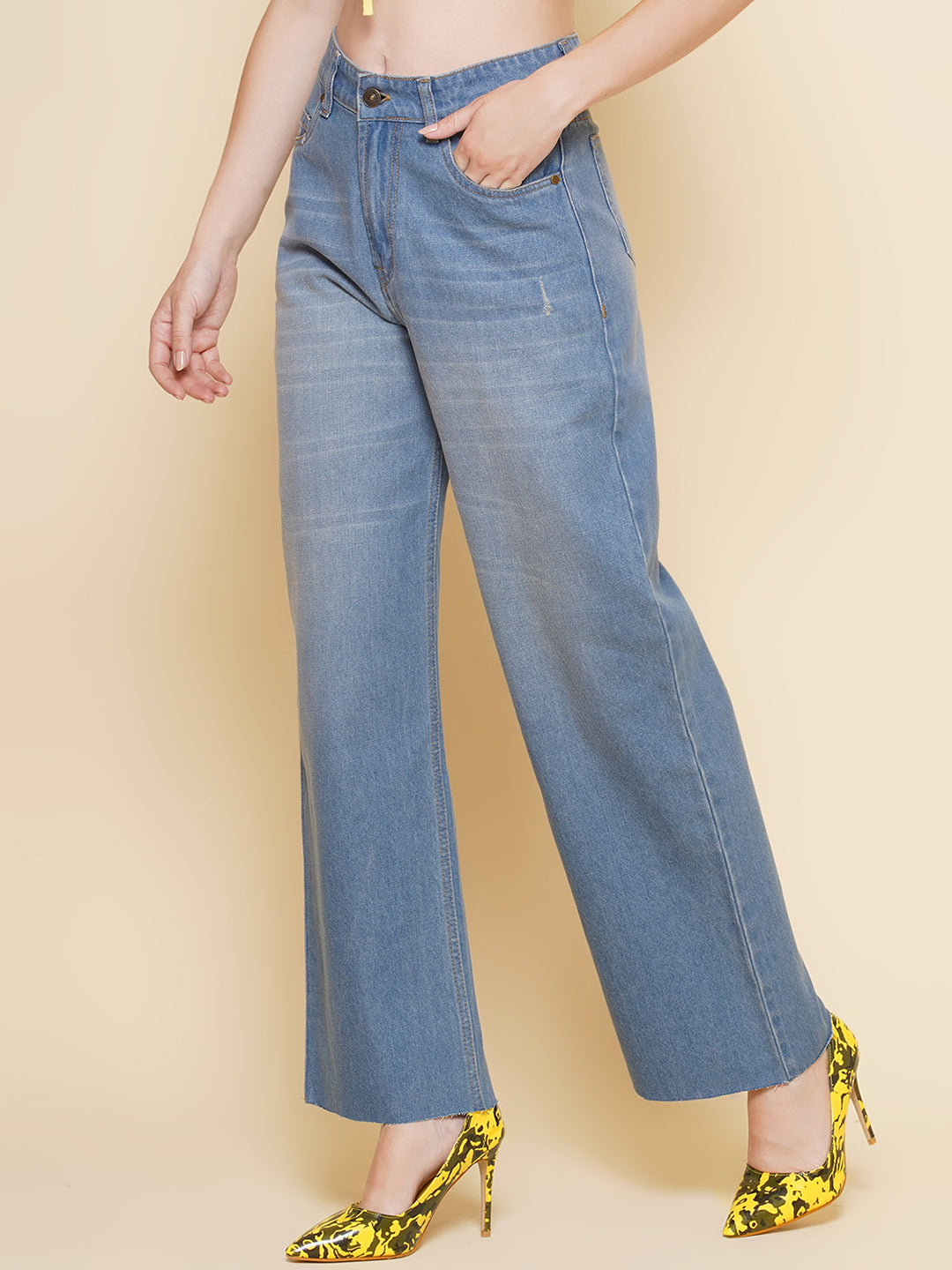 Women Regular Wide Leg High Rise Blue Jeans