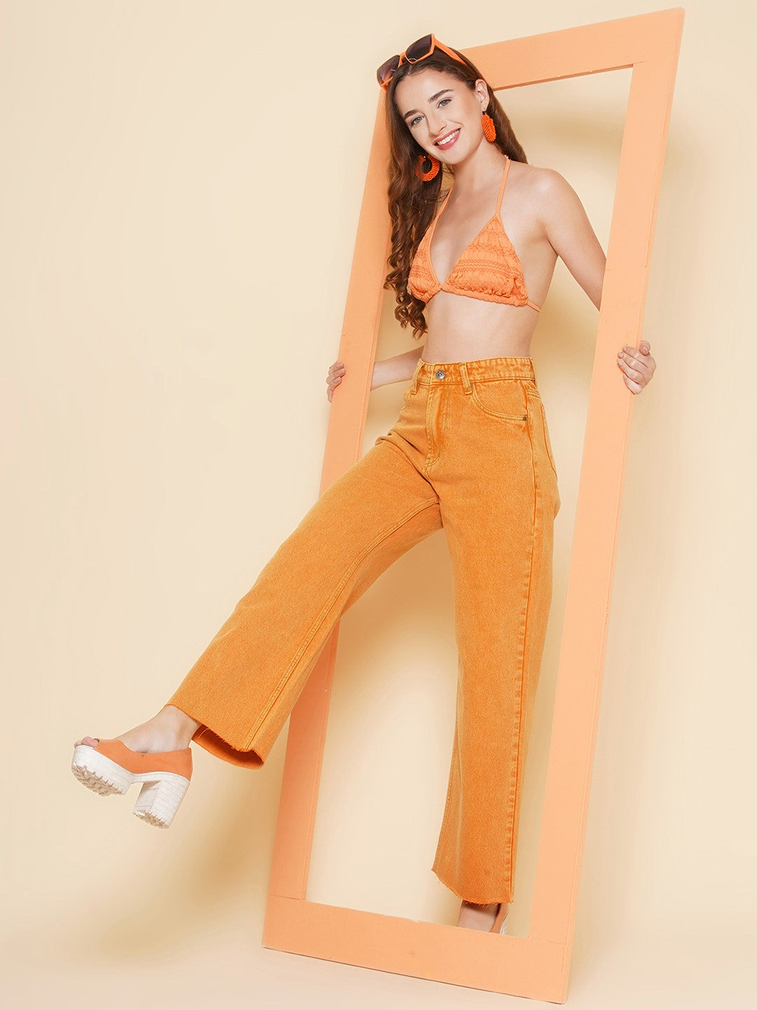 Women Regular High Rise Orange Jeans