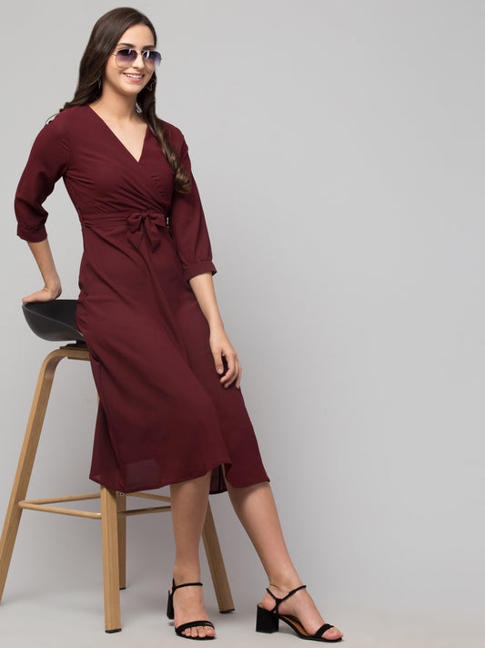 Maroon American Crepe Middi Dress