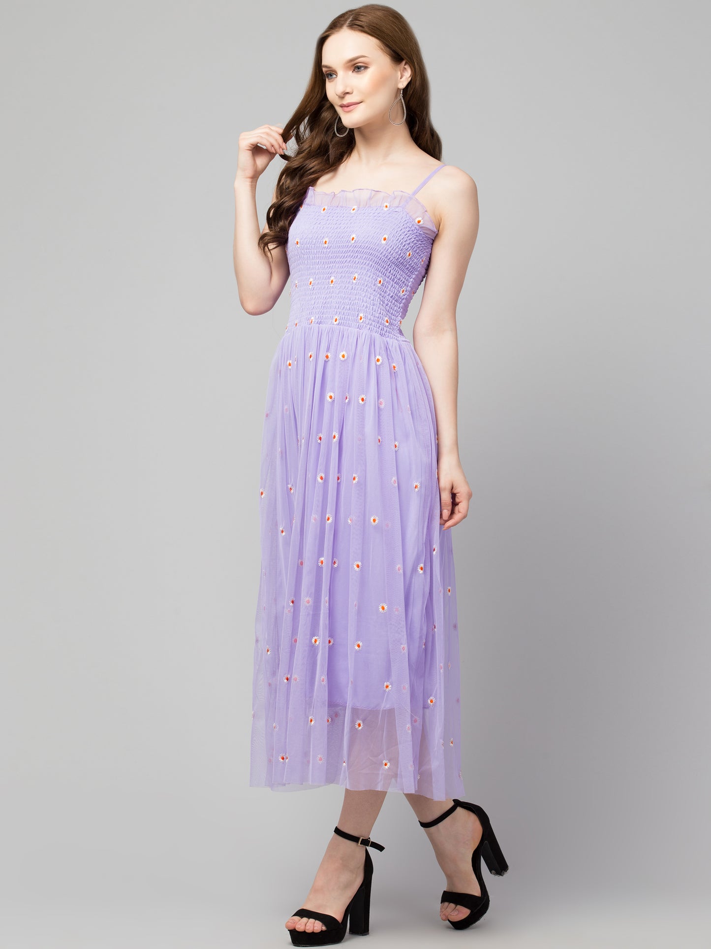 Purple Fit and Flare Embroidered Net Dress