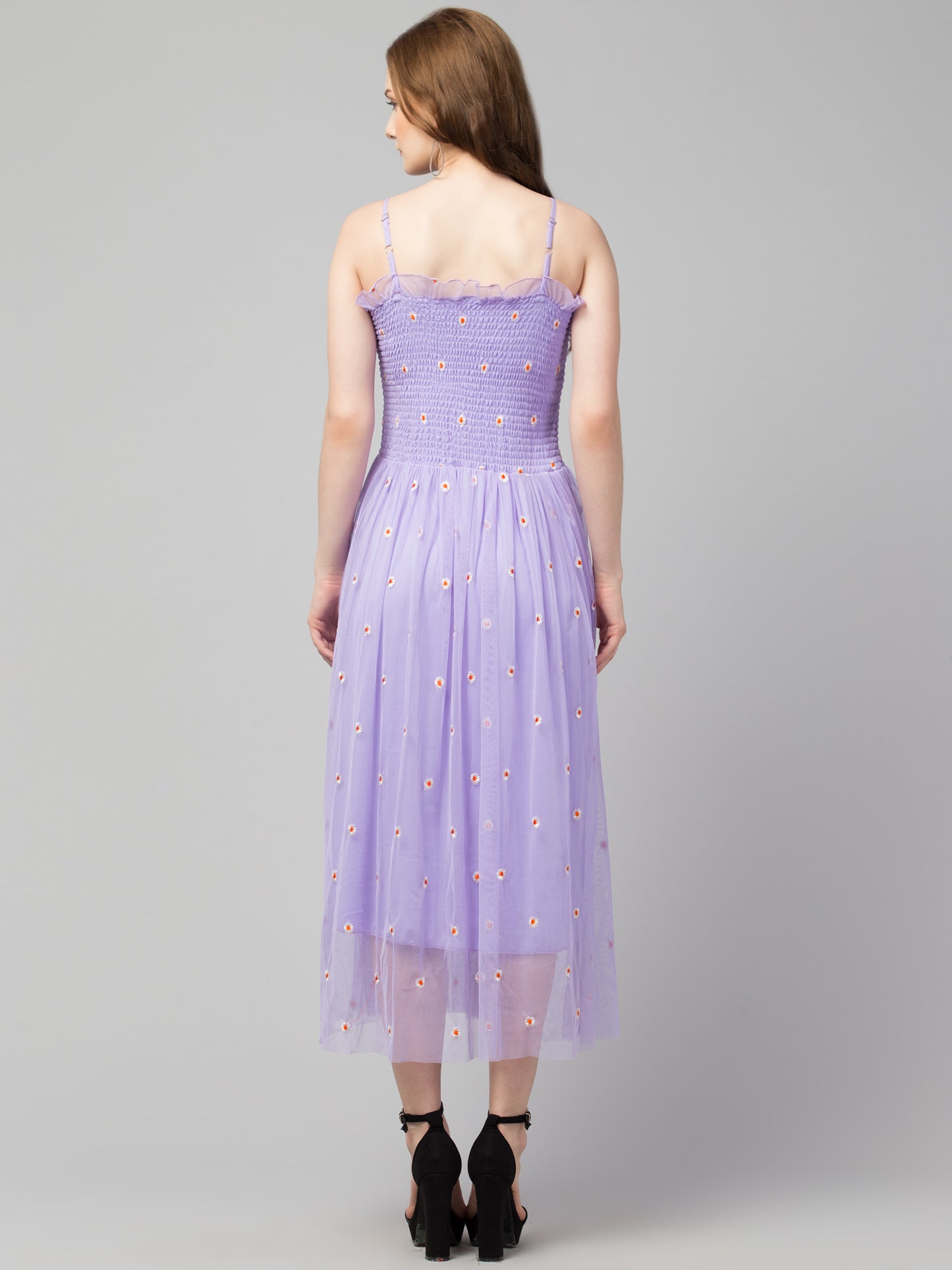 Purple Fit and Flare Embroidered Net Dress