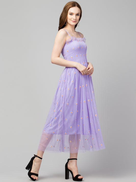 Purple Fit and Flare Embroidered Net Dress