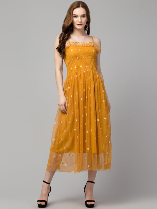 Mustard Fit and Flare Embroidered Net  Dress