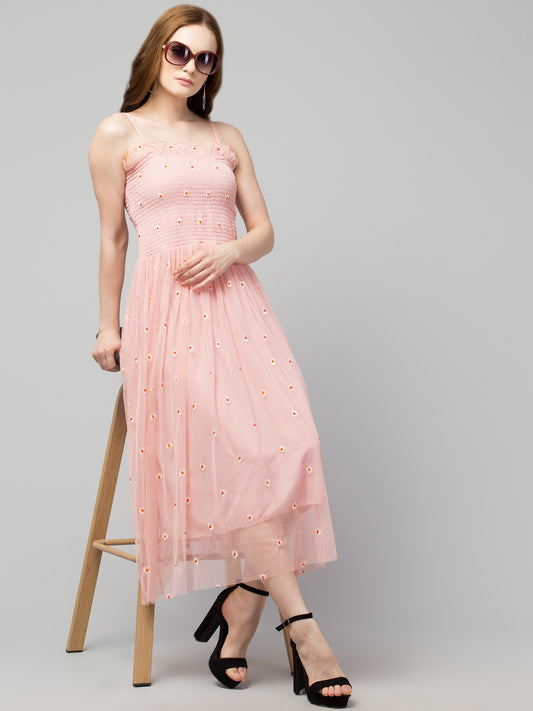 Pink Fit and Flare Embroidered Net Dress