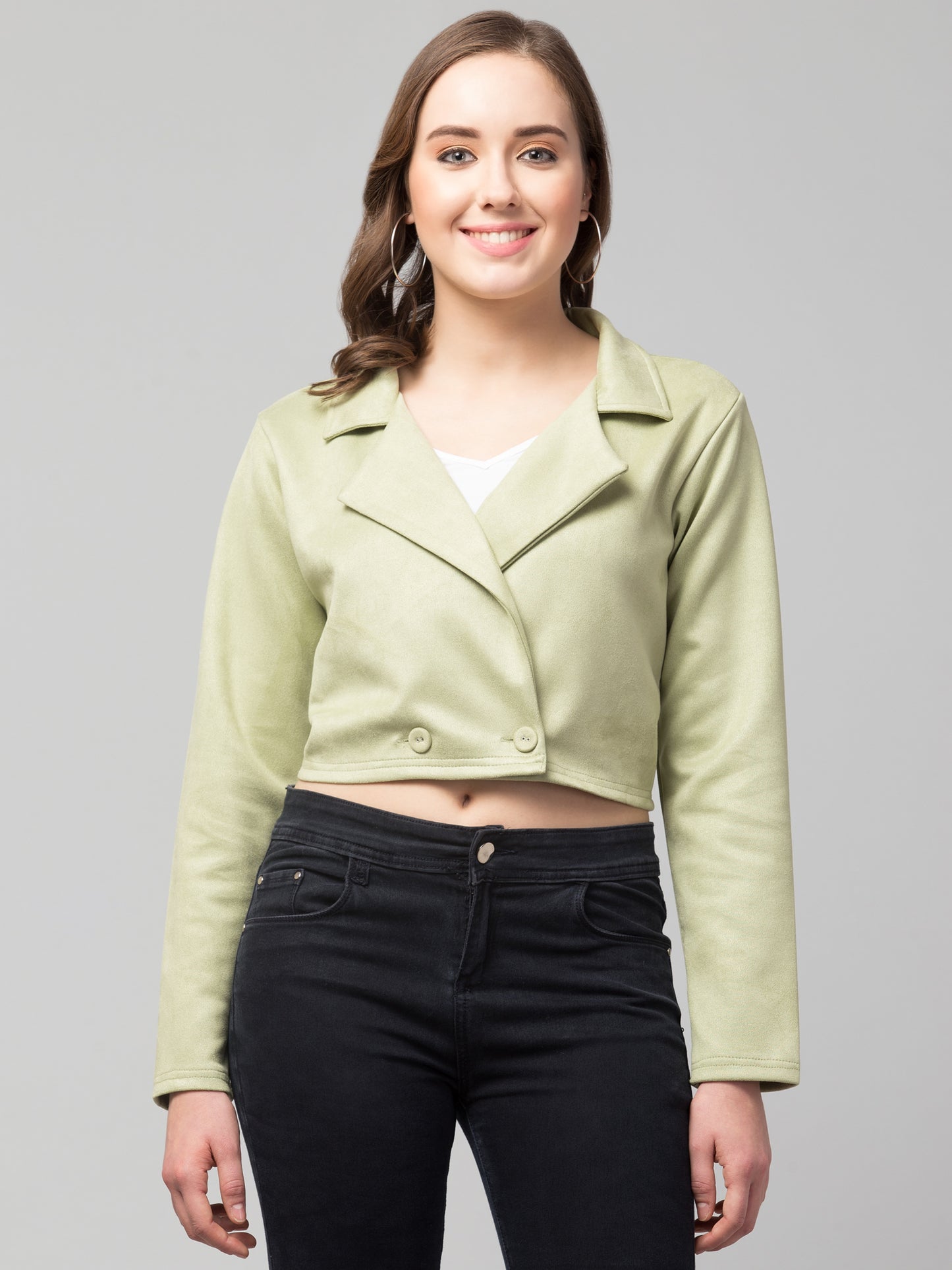 Olive Green Color Suede Fabric Girls Short Blazer