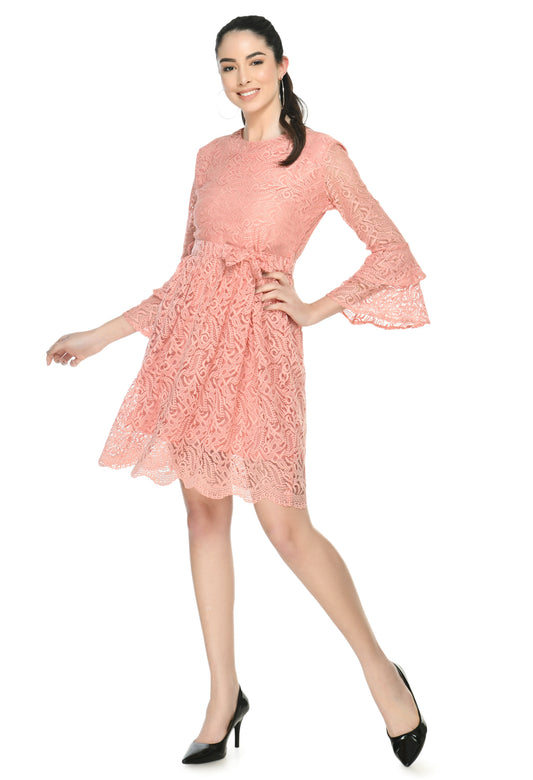 Peach Fit and Flare Lace Fabric Dress