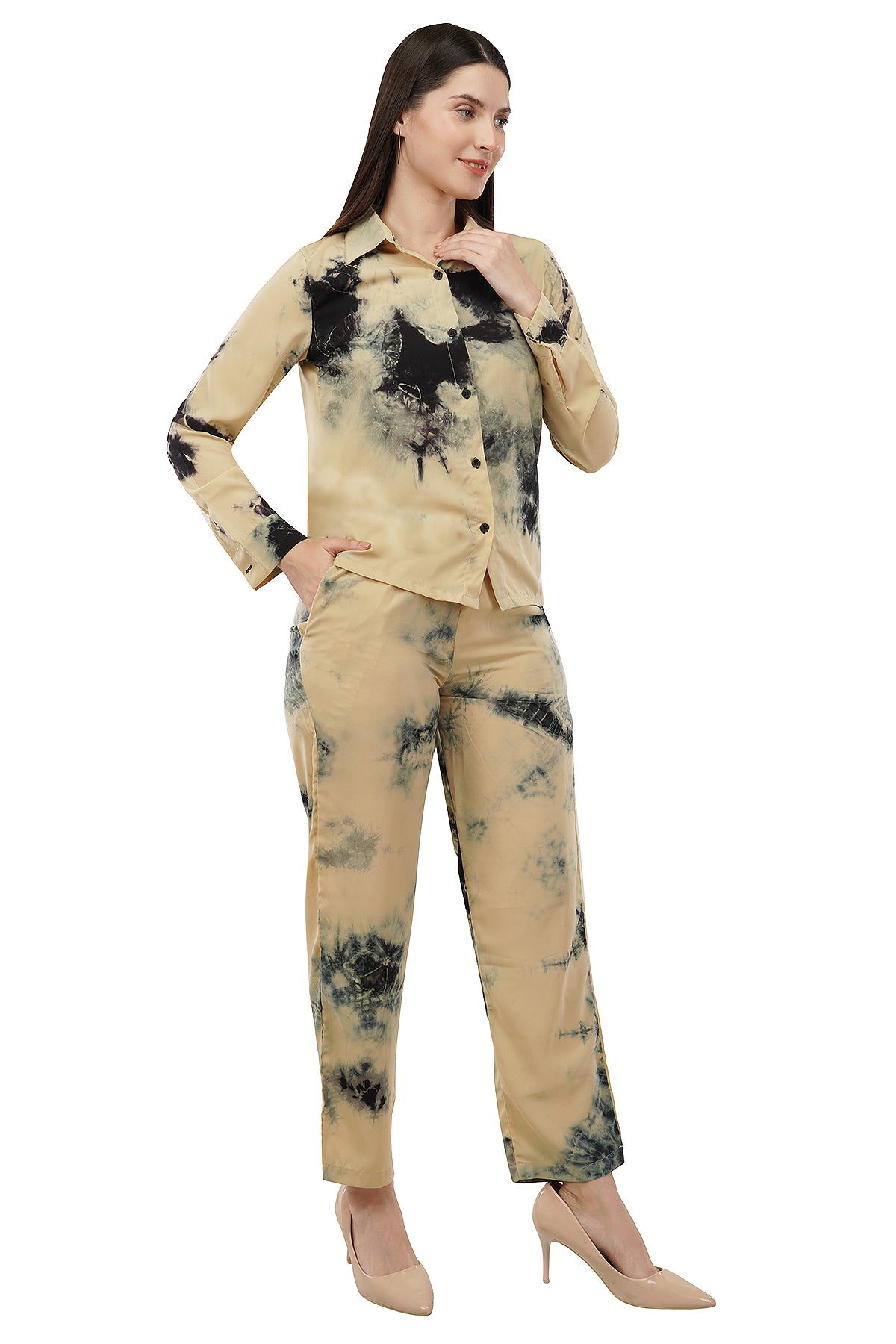Beige Tie Dye Printed Imported Fabric Cord Set