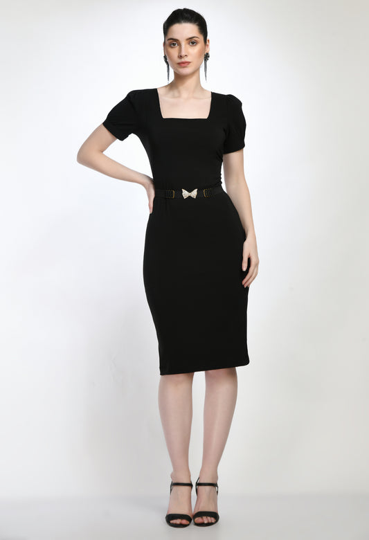 Black Bodycone Cotton Spandex Dress with Belt