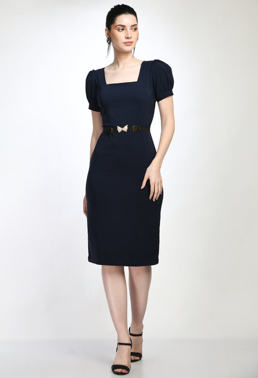 Navy Blue Bodycone Cotton Spandex Dress with Belt