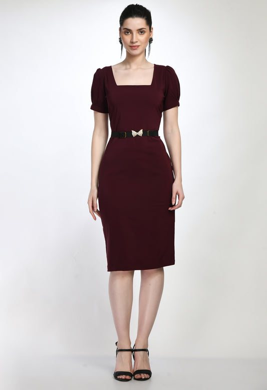 Wine Bodycone Cotton Spandex Dress with Belt