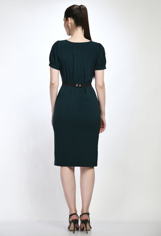 Bottle Green Bodycone Cotton Spandex Dress with Belt