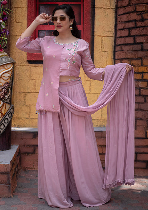 Wine Color Embroidery Sequence Work Gown with Dupatta - Clot