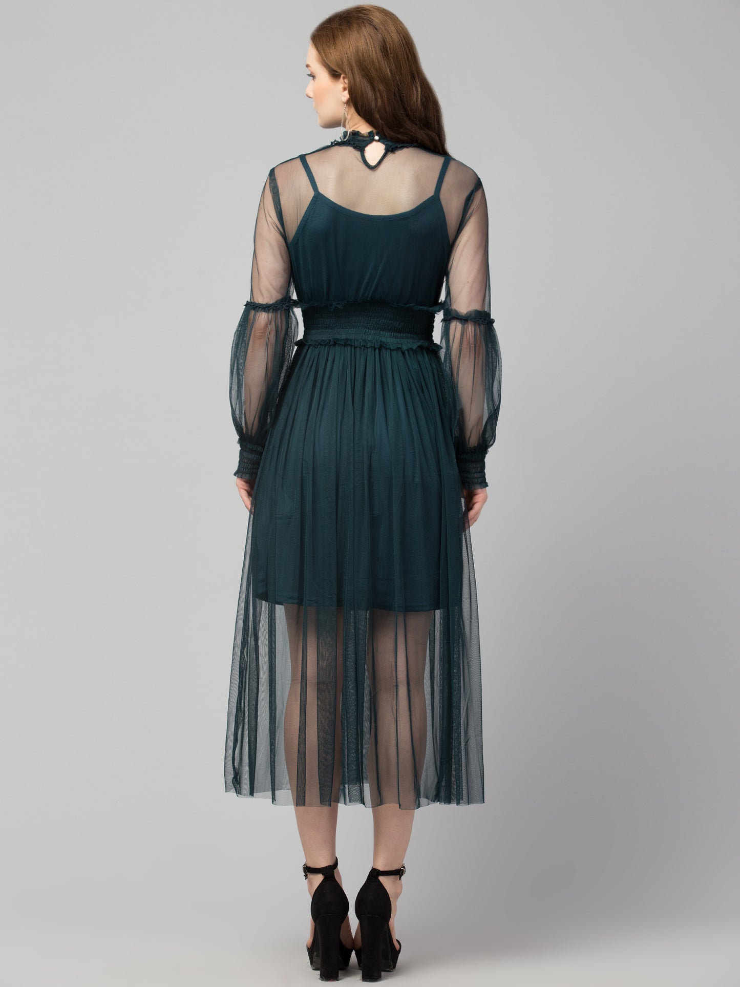 Green Lace Net Dress With Lining