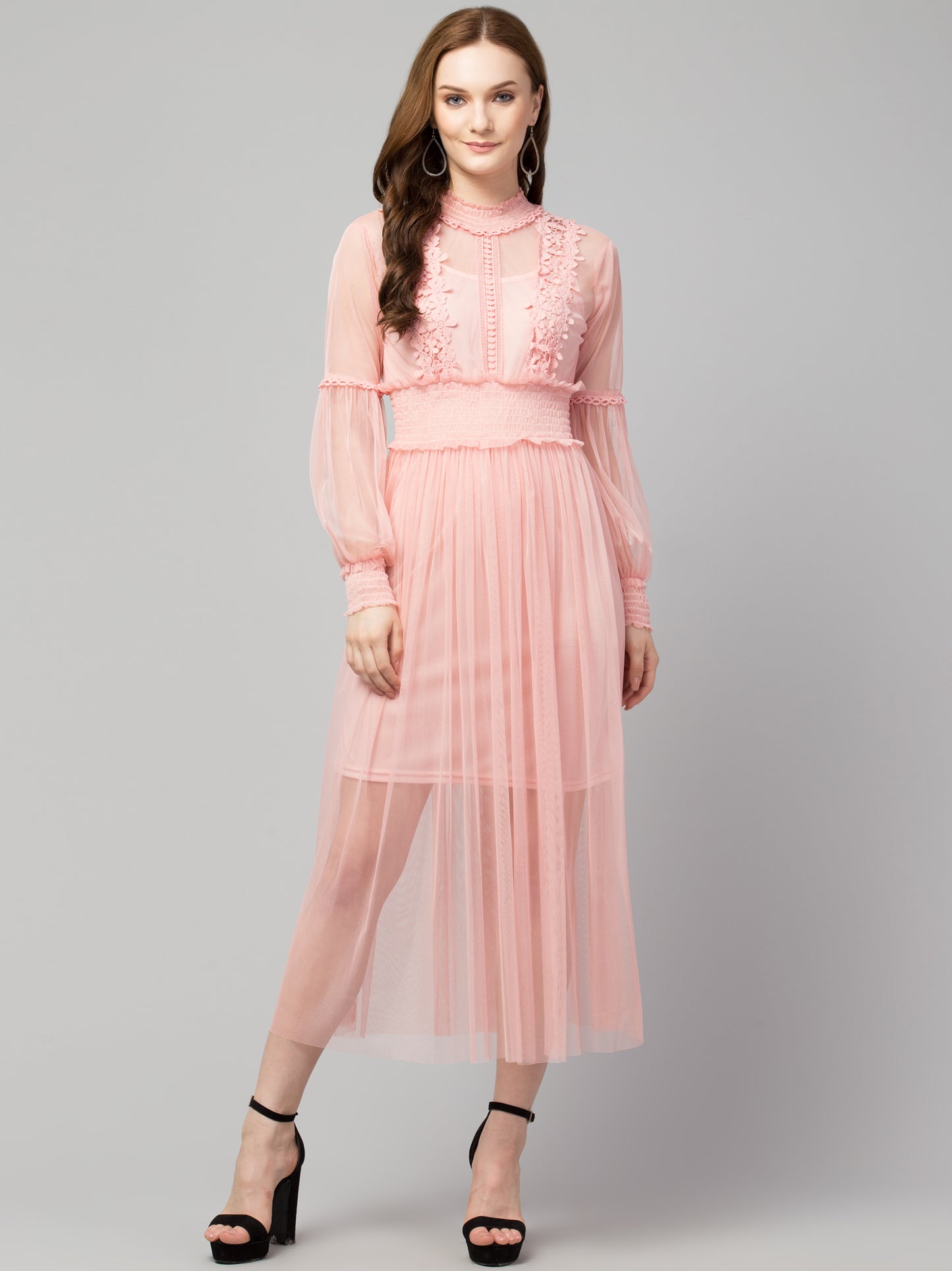 Baby Pink Lace Net Dress With Lining