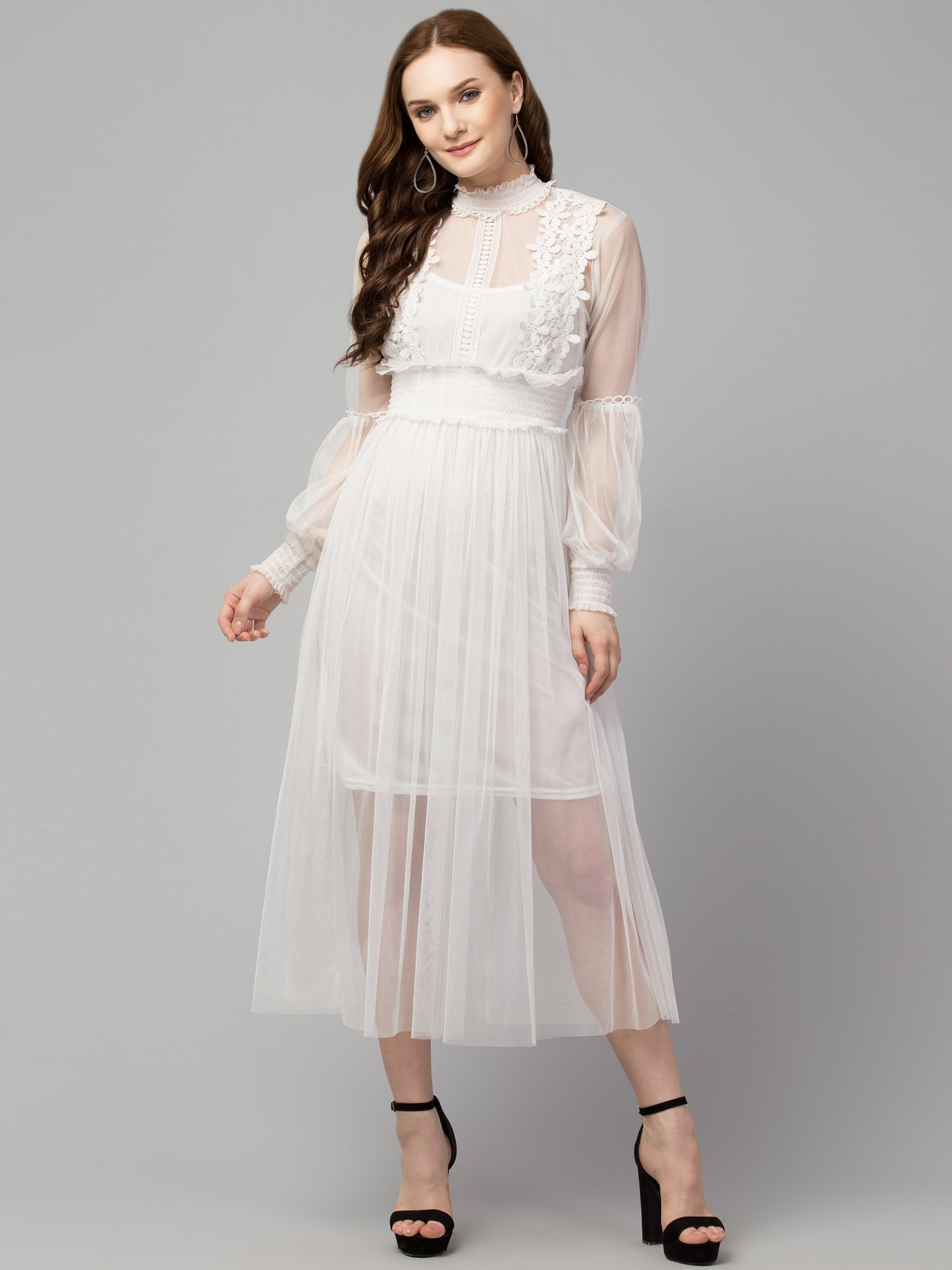 White Lace Net Dress With Lining