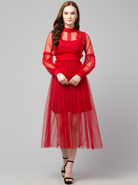 Red Lace Net Dress With Lining