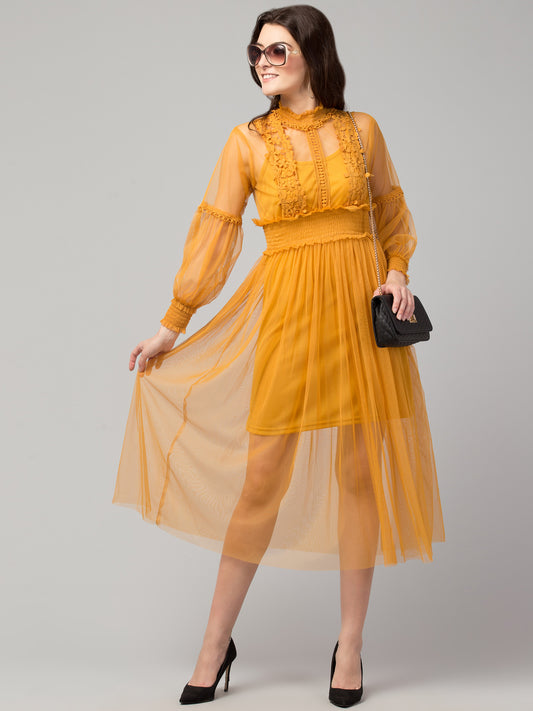 Mustard Lace Net Dress With Lining