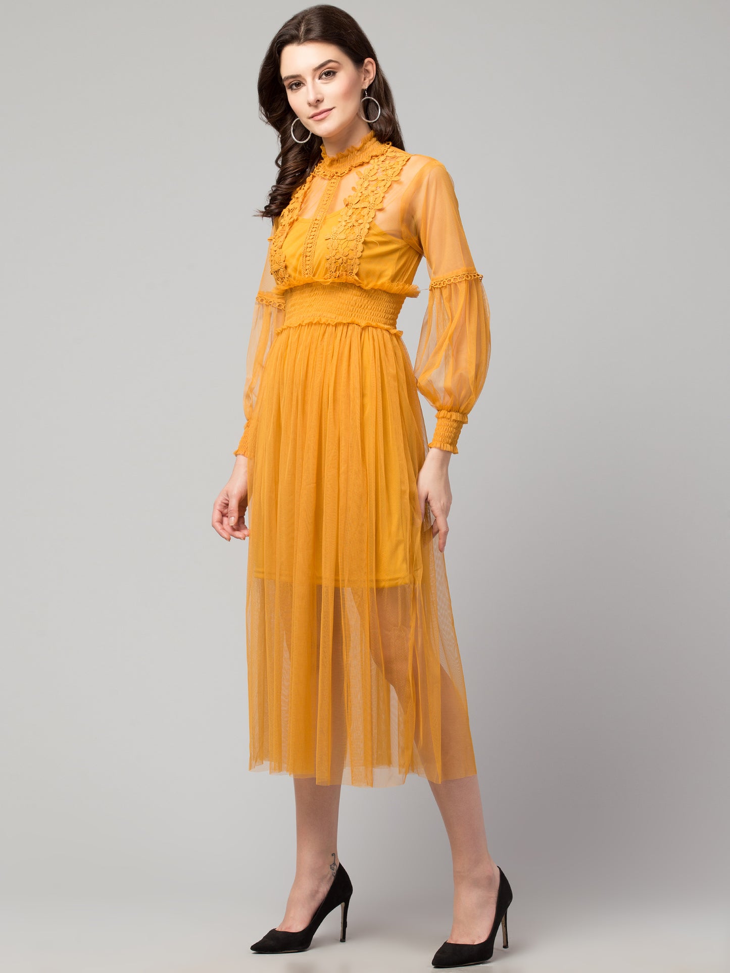 Mustard Lace Net Dress With Lining