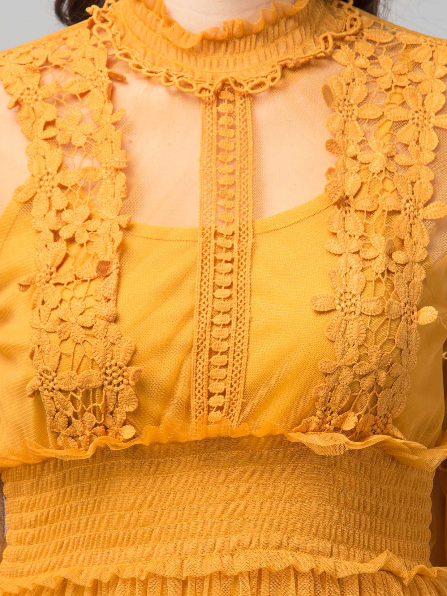 Mustard Lace Net Dress With Lining