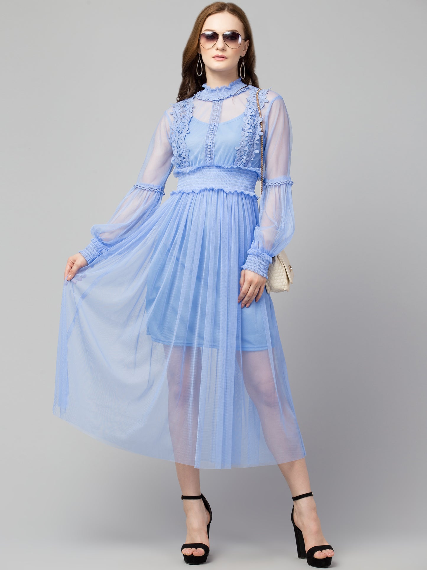 Powder Blue Lace Net Dress With Lining