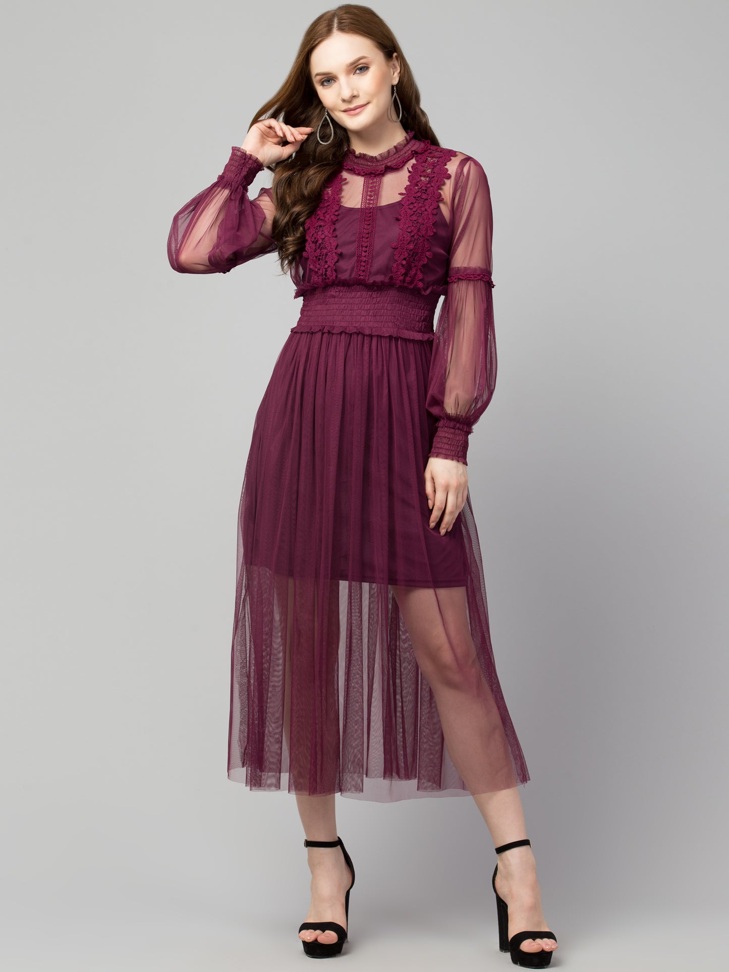 Wine Lace Net Dress With Lining