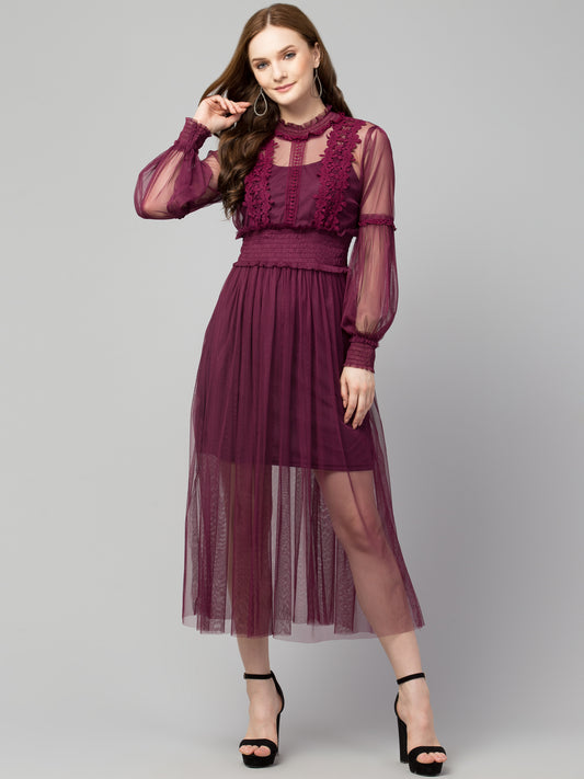 Wine Lace Net Dress With Lining