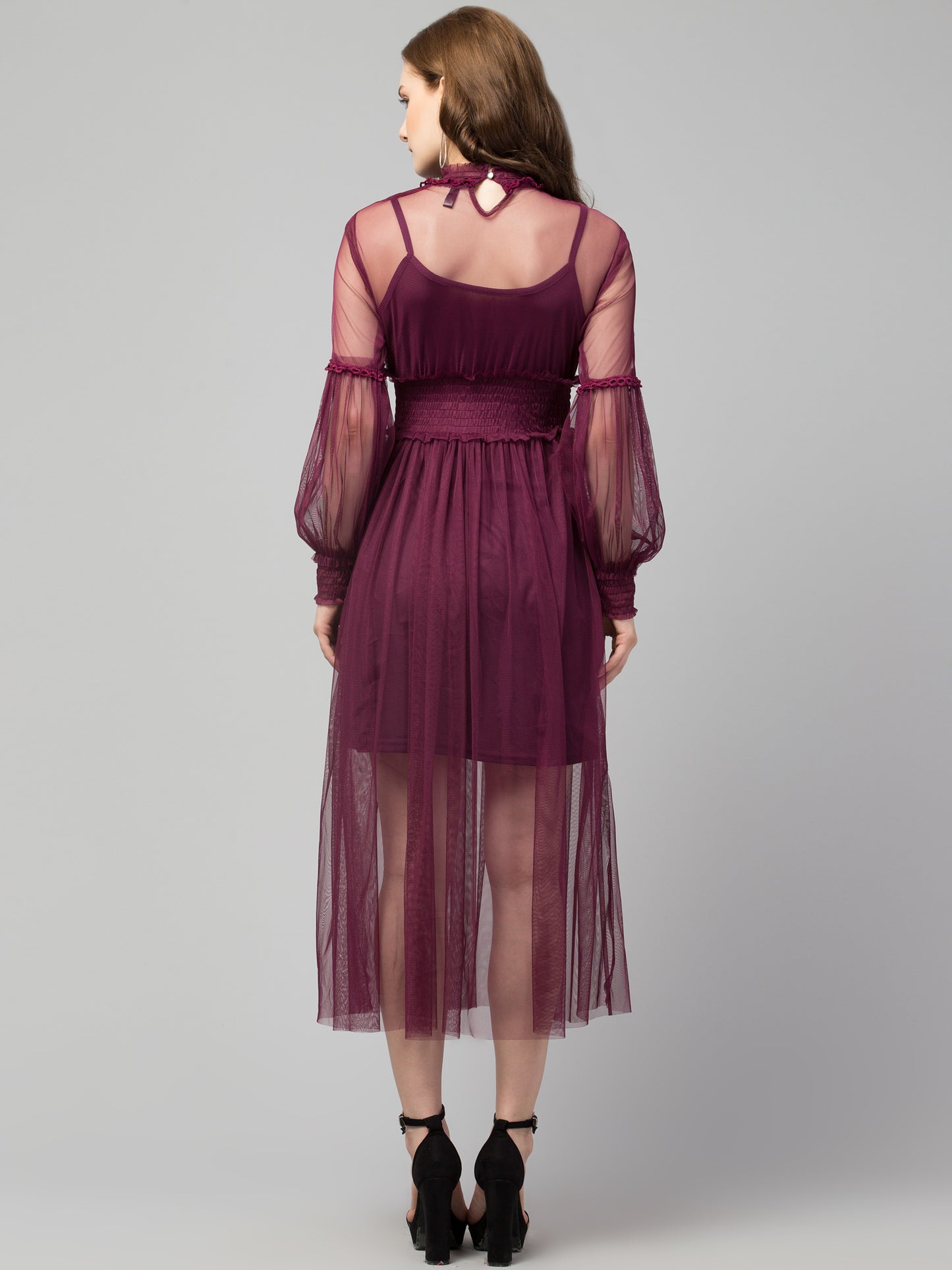 Wine Lace Net Dress With Lining