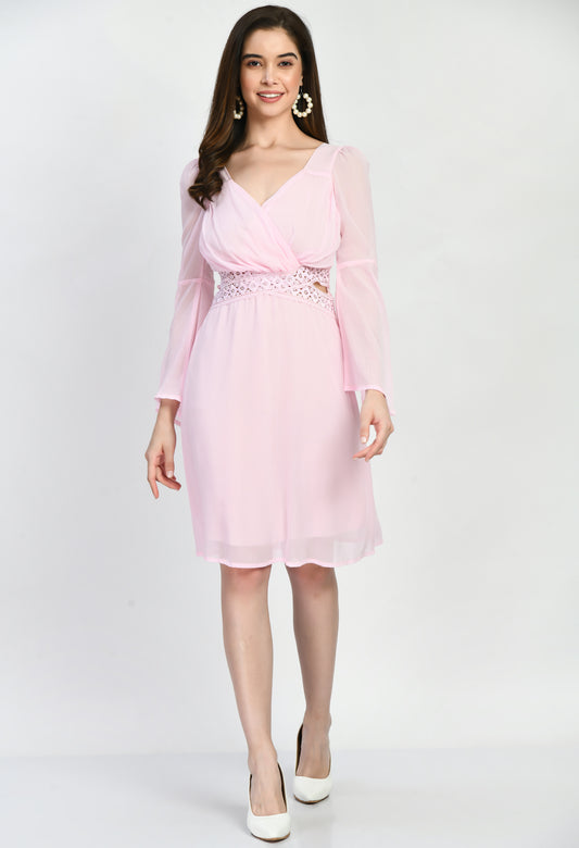 Pink Chiffon Lace Work Girls Dress with Lining