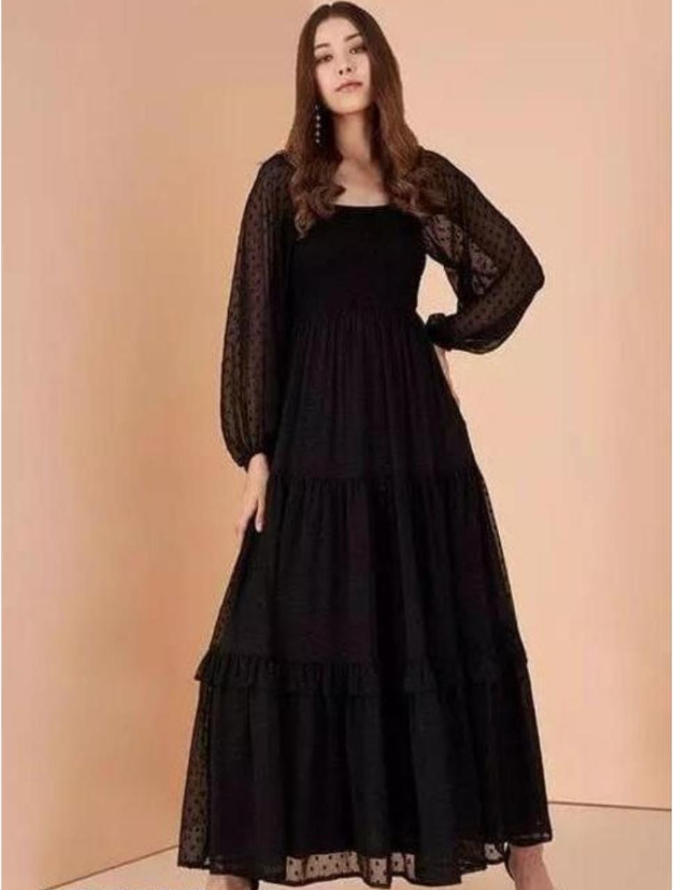 Black Georgette Dobby Flare Dress