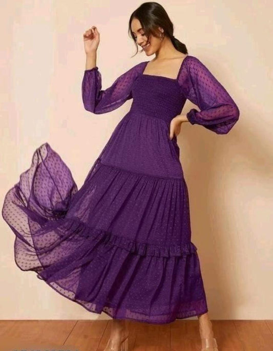 Purple Georgette Dobby Flare Dress