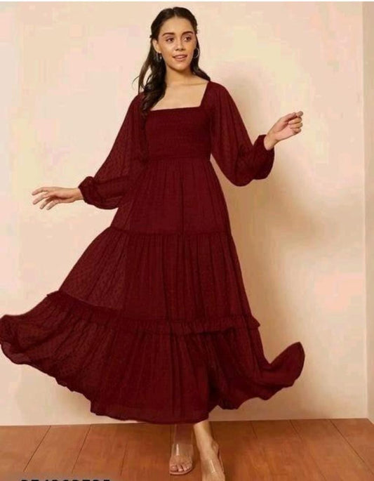 Maroon Georgette Dobby Flare Dress